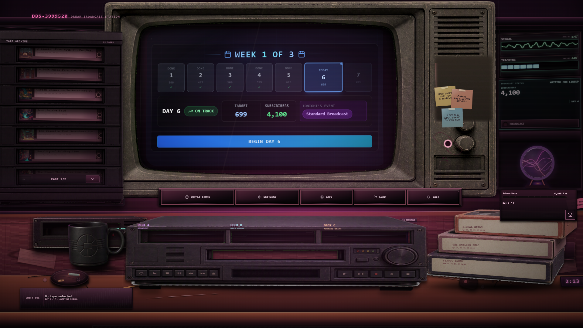 Day-start station report screenshot from Dream Broadcast Simulator